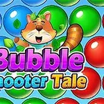 Farverige bobler i blå, grønne, røde og gule nuancer med en tegneseriefigur af et smilende dyr og teksten Bubble Shooter Tale