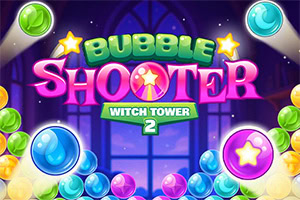 Bubble Shooter Witch Tower 2 Farverige bobler svæver på en mørk baggrund med teksten Bubble Shooter Witch Tower 2 i midten