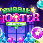 Bubble Shooter Witch Tower 2 Farverige bobler svæver på en mørk baggrund med teksten Bubble Shooter Witch Tower 2 i midten