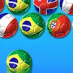 Flerfarvede fodbolde med forskellige landeflag på en blå baggrund