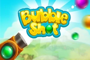 Farverige bobler svæver på en blå himmel med teksten Bubble Shot i midten og en kanon i forgrunden