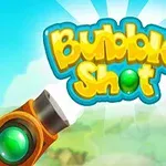 Farverige bobler svæver på en blå himmel med teksten Bubble Shot i midten og en kanon i forgrunden