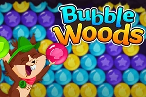 En glad figur iført grøn hat holder en lyserød boble foran en kulørt baggrund af farverige bobler med teksten Bubble Woods