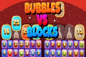 Farverigt spilbræt med store tal i bobler, slotgrafik og teksten Bubbles vs Blocks i midten