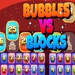 Farverigt spilbræt med store tal i bobler, slotgrafik og teksten Bubbles vs Blocks i midten