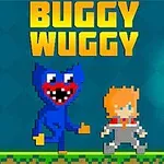 Blå og rød monsterfigur ved siden af en orangehåret person på en tegnet grøn platform med teksten Buggy Wuggy øverst