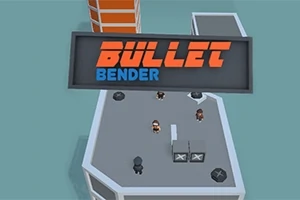 To figurer står på et gråt tag ved siden af høje orange bygninger med et skilt, der viser teksten Bullet Bender