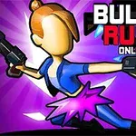 Figur i blåt tøj med to pistoler på en lilla baggrund, ledsaget af teksten Bullet Rush Online