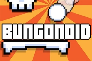 Pixelgrafik med ordet BUNGOID, hvid bold over strålede orange baggrund