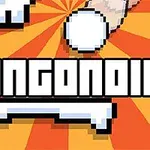 Pixelgrafik med ordet BUNGOID, hvid bold over strålede orange baggrund
