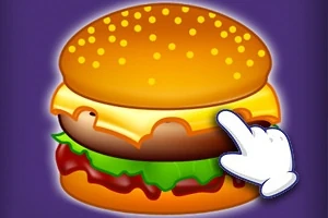 En tegnet cheeseburger med salat og tomat med en hvid handske, der peger på burgeren, på en lilla baggrund