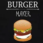 Tegning af en burger med sesambolle, grøn salat, ost, og tomat med teksten Burger Maker ovenover