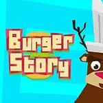 Tegneserierensdyr med kokkehue ved siden af teksten Burger Story på en lys blå baggrund