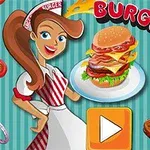 Tegneseriekvinde i uniform holder en tallerken med en burger, omgivet af ingredienser mod en stribet baggrund