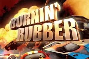 Teksten Burnin Rubber vises i store bogstaver med en dramatisk baggrund af eksplosioner og racerbiler
