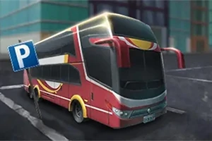 Rød og sort dobbeltdækkerbus parkeret ved siden af et blåt P-skilt