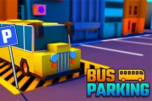 Gul bus med blå ruder parkeret i en farverig by med et skilt, der viser en parkeringsplads