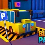Gul bus med blå ruder parkeret i en farverig by med et skilt, der viser en parkeringsplads