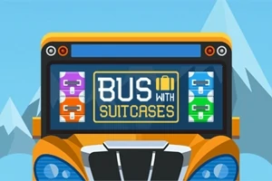 En illustreret bus med farverige kufferter og tekst på forsiden mod en bjergbaggrund