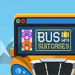 En illustreret bus med farverige kufferter og tekst på forsiden mod en bjergbaggrund