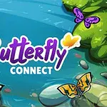 Farverige sommerfugle flyver over en sø omgivet af grønne planter og sten med teksten Butterfly Connect i midten