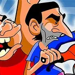 Tegneserieillustration af to kraftigt karikerede personer i engageret diskussion, den ene med briller og blondt hår, den anden med mørkt hår og skæg