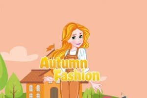 Tegning af en kvinde med orange hår iført efterårstøj foran en bygning med teksten Autumn Fashion