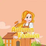 Tegning af en kvinde med orange hår iført efterårstøj foran en bygning med teksten Autumn Fashion