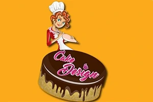 Tegneseriefigur med kokkehue holder kagerulle over chokoladekage med ordet Cake Design på gul baggrund
