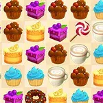 Et mønster af farverige slik og kager, herunder cupcakes, lagkagestykker, kaffe og en slikstok