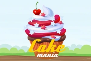 En cupcake med hvid og rød glasur dekoreret med stjerner og en kirsebær på toppen, med teksten Cake Mania nedenfor
