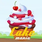 En cupcake med hvid og rød glasur dekoreret med stjerner og en kirsebær på toppen, med teksten Cake Mania nedenfor