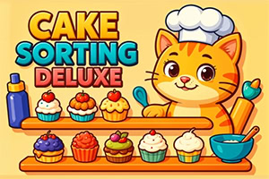 En tegning af en kat med kokkehue, der står ved en hylde med cupcakes i forskellige farver, omgivet af bageudstyr