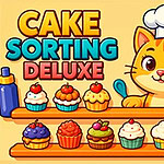 En tegning af en kat med kokkehue, der står ved en hylde med cupcakes i forskellige farver, omgivet af bageudstyr