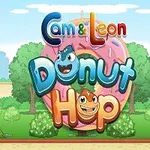 To an animationstegneserie med to smilende figurer i ordet Donut Hop foran en stor lyserød donut og en grøn parkbaggrund