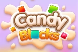 Teksten Candy Blocks er præsenteret i et farverigt og legende design med farvede firkanter omkring den