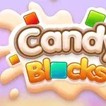 Teksten Candy Blocks er præsenteret i et farverigt og legende design med farvede firkanter omkring den