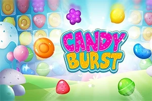 Farverig illustration med forskellige typer slik og teksten Candy Burst i midten