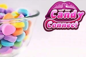 En skål fyldt med farverige hjerteformede slik ved siden af teksten Candy Connect med lyserøde læber