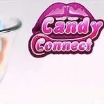 En skål fyldt med farverige hjerteformede slik ved siden af teksten Candy Connect med lyserøde læber