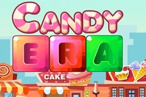 Farverigt tegneseriebillede med store bogstaver i ordet CANDY ERA over en baggrund af slik og kager