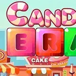 Farverigt tegneseriebillede med store bogstaver i ordet CANDY ERA over en baggrund af slik og kager
