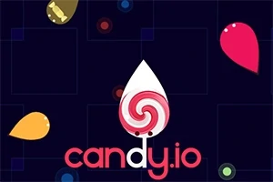 Farverige dråber og slikkepindformet logo mod mørk baggrund med teksten candy