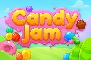 Farverig illustration med teksten Candy Jam i gule boblelignende bogstaver på en pink baggrund omgivet af farverige slik og skyer
