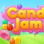 Farverig illustration med teksten Candy Jam i gule boblelignende bogstaver på en pink baggrund omgivet af farverige slik og skyer