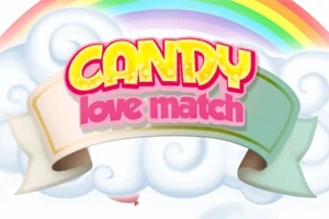 Farverig tekst Candy Love Match på en skybaggrund med en regnbue i baggrunden