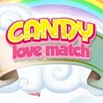 Farverig tekst Candy Love Match på en skybaggrund med en regnbue i baggrunden