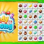 Farverig illustration med ordet Candy Mahjong og et gitter af forskellige slikikoner på en grøn og gul baggrund