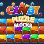 Farverige blokke og slikstykker med teksten Candy Puzzle Blocks i midten