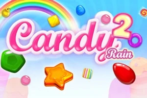 Farverig grafik med ordet Candy i lyserød tekst, omgivet af regnbue og forskellige slikformer som stjerne, kugle og terning